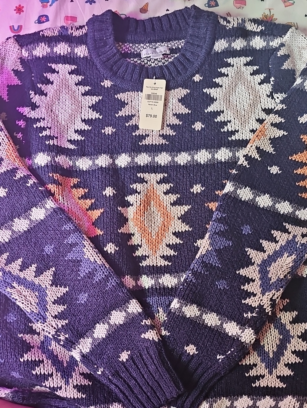 Women's Navy Patterned Crewneck Sweater